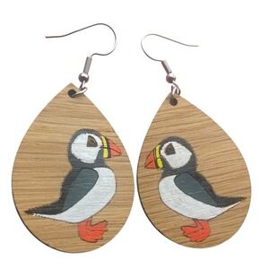 Wood Puffin Teardrop Earrings Hand Painted Stainless Steel Hooks Alaska Coastal